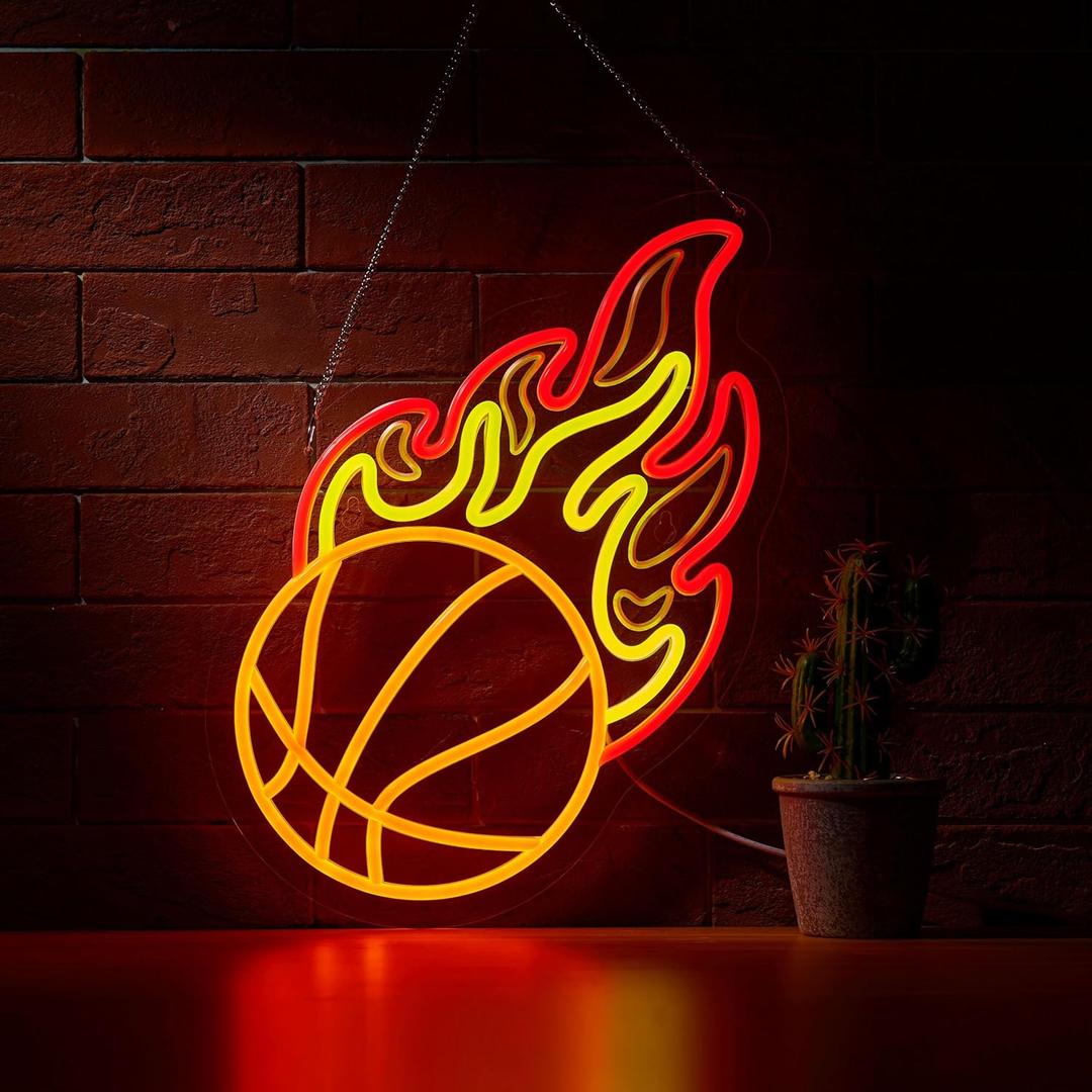 Basketball Neon Sign for Wall Dcor Dimmable LED Bar Beer Neon Light USB Powered Neon Art Signs Decor (Yellow+Red+Orange)