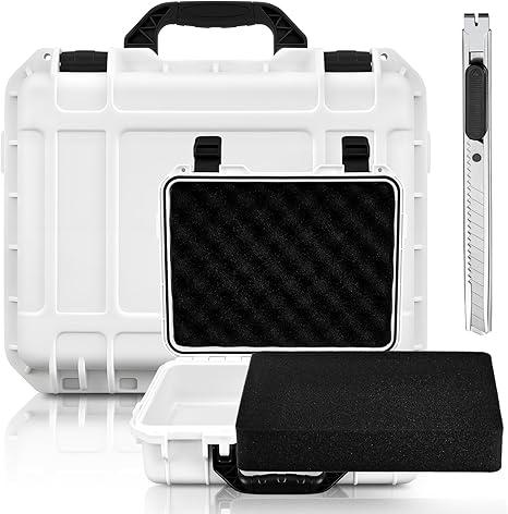 1 Pcs 11.3 x 8.7 x 4.2 Inch Waterproof Hard Case with DIY Customizable Foam Insert Portable Protective Case with Knife for Camera Drones Equipments Tools Test Instruments (White)