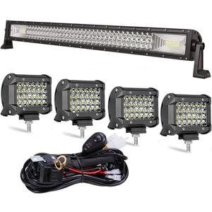 LED Straight Light Bar,32inch 459W +4pcs 72W Led Pods Tri Row Lens Flood Spot Combo Beam Led Driving Lights Super Bright Off Road Lights with Wiring Harness for Trucks UTV ATV Boat