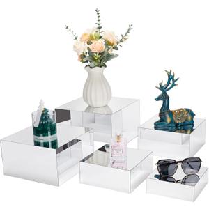 Jolboldy Acrylic Risers for Display 4 Pcs, Food Risers for Party Silver Display Stands Box Nesting Display for Jewelry Bag Cosmetics Catering Dessert Collectibles