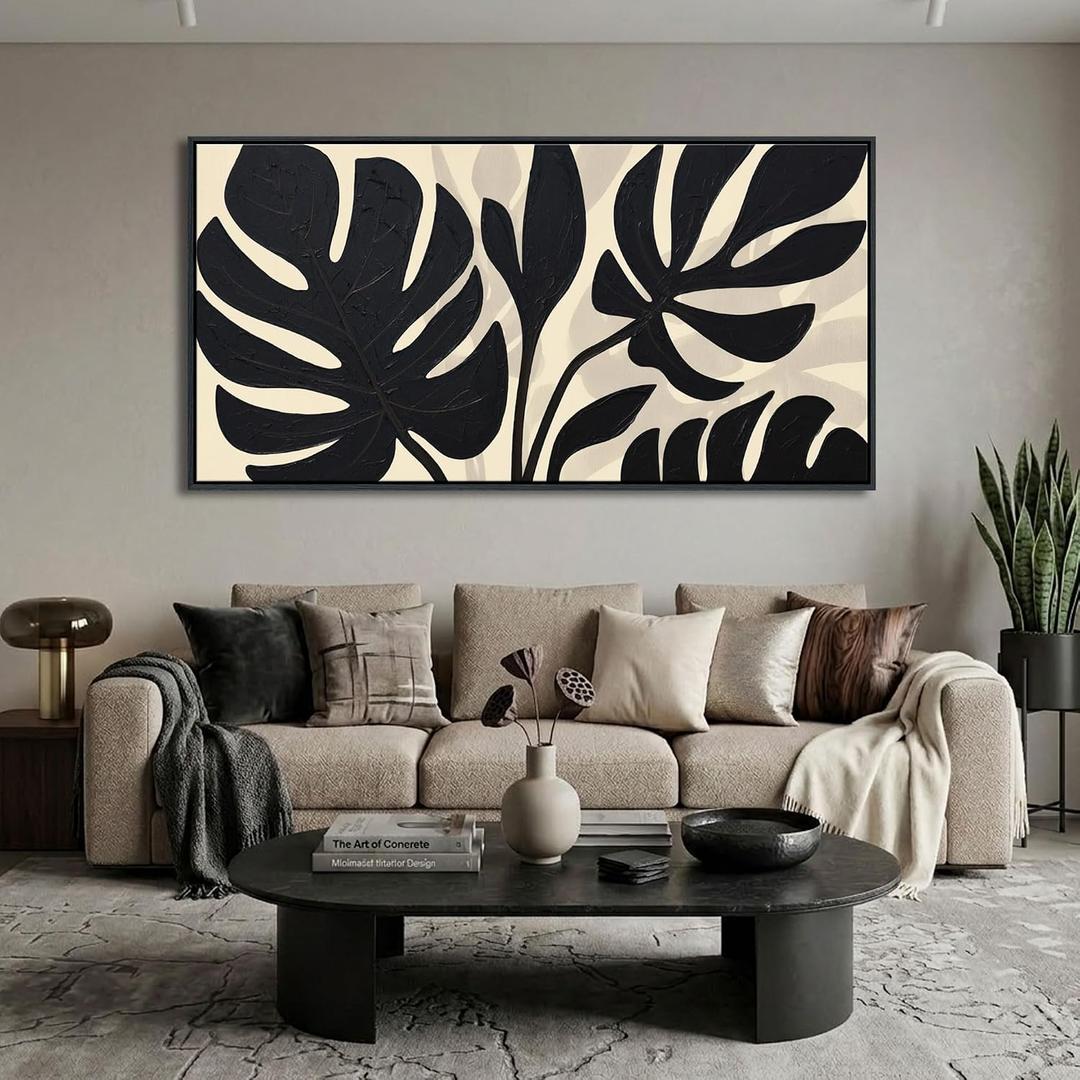 Neutral Botanical Canvas Wall Art for Living Room Beige And Black Modern Minimalist Artwork for Walls Framed Pictures for Bedroom Wall Decor Large Abstract Painting 24×48IN