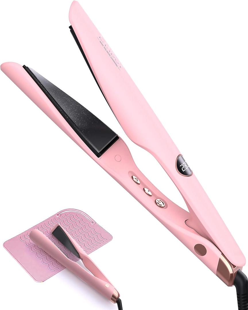 LANDOT 2-in-1 Hair Straightener and Curler - Pro 1" Multi-Styler with Twist & Curl Technology, Tourmaline Ceramic, Dual Voltage Adjust Temp 250-450F for All Hair Types, Blush Pink