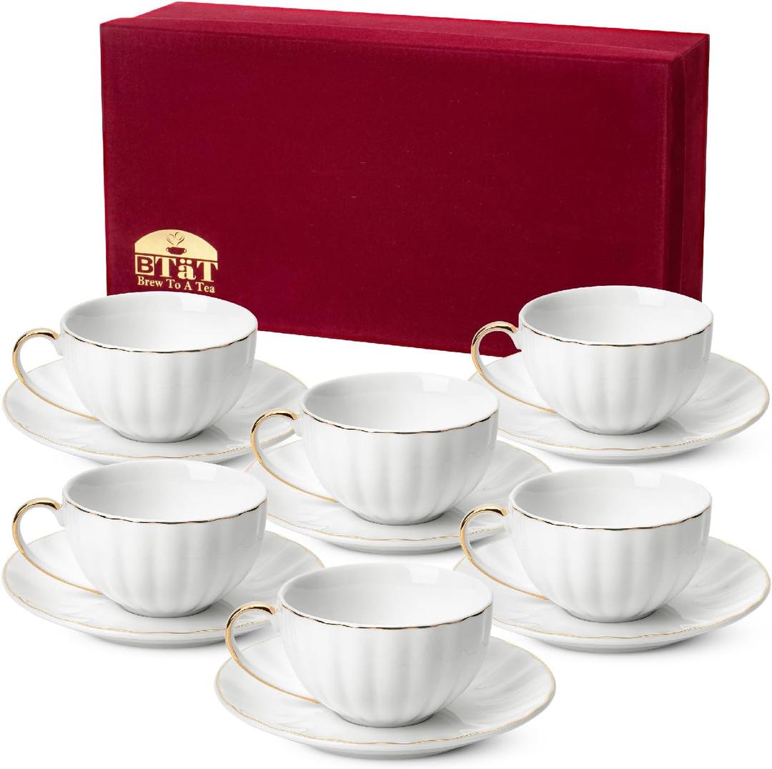 BTaT- Cappuccino Cups with Saucers 7 oz with Gift Box, Set of 6, White Porcelain Coffee Cup and Saucer Set for Latte with Golden Trim Design, Dishwasher Safe, Mocha, Tea, Mothers Day Gift