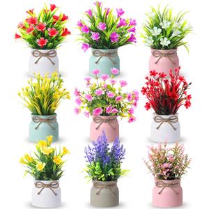 9 Pack Small Artificial Potted Flowers Spring Floral Tables Centerpieces Mini Fake Plastic Plants Flowers in Vase for Spring Indoor Home Office Desktop Decorations