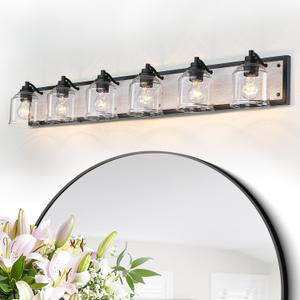 Vanity Lights for Bathroom Large 48 inch, Farmhouse Rustic Vanity Light with Bubble Glass Shades, Gray 6 Light Bathroom Lighting Fixtures Over Mirror, Bath Wall Sconce Home Decor (Grey Metal)