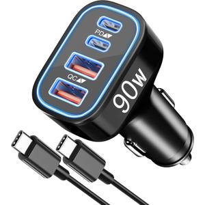 90W 4-Port USB C Super Fast Car Charger for Samsung Galaxy S25/S24/S23/S22 Ultra, iPhone 17/16/15 Pro Max, Pixel, Android, Type C Fast Charging Car Phone Charger Adapter Accessories + 3FT USB-C Cable