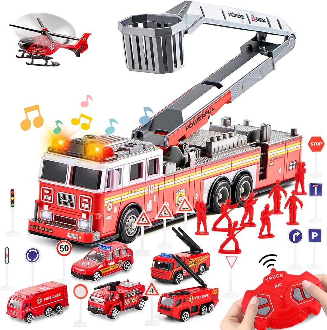 deAO Fire Truck Toys for Boys with Lights and Sounds,RC Remote Control Firetruck with Fodable 360 Rotating Ladder,Pull Back Vehicles Toys Gifts for 3 4 5 6 Boys Girls Kids (Classic Edition)