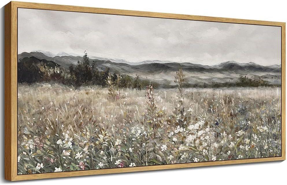 SHENIFY 20x40in Extra Large Vintage Framed Wall Art Meadow with Flowers Landscape Painting Retro Scenery Farmhouse Bedroom Above of Bed Living Room Decor - Natural Framed