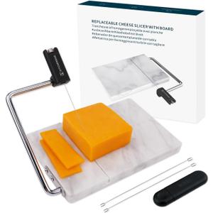 KITCHENDAO Replaceable Wire Cheese Slicer with Board, Tightness Adjustable Cheese Slicer, Marble Cheese Cutter for Block Cheese, Easy to Replace, with 2 Extra Upgrade Strong Wires