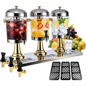 6.3 Gallon Drink Dispensers for Parties, Leakproof Stainless Steel Beverage Dispenser with Stand, 6 Spigots & 6 Drip Trays, Commercial Water Pitcher with Ice Core for Juice, Tea, Lemonade