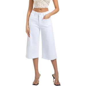 Myzellia Wide Leg Capri Pants for Women Stretchy High Waisted Frayed Hem Loose Denim Jeans White Small