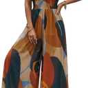 CHICME Women’s Abstract Print V Neck Jumpsuit Wide Leg High Cinched Waist Backless Sleeveless Chic Vacation Beach Romper (L)