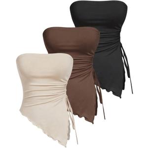 Women's Ruched Split Sleeveless Tube Top Asymmetrical Drawstring Strapless Tops Pack of 3 (Multicolor)
