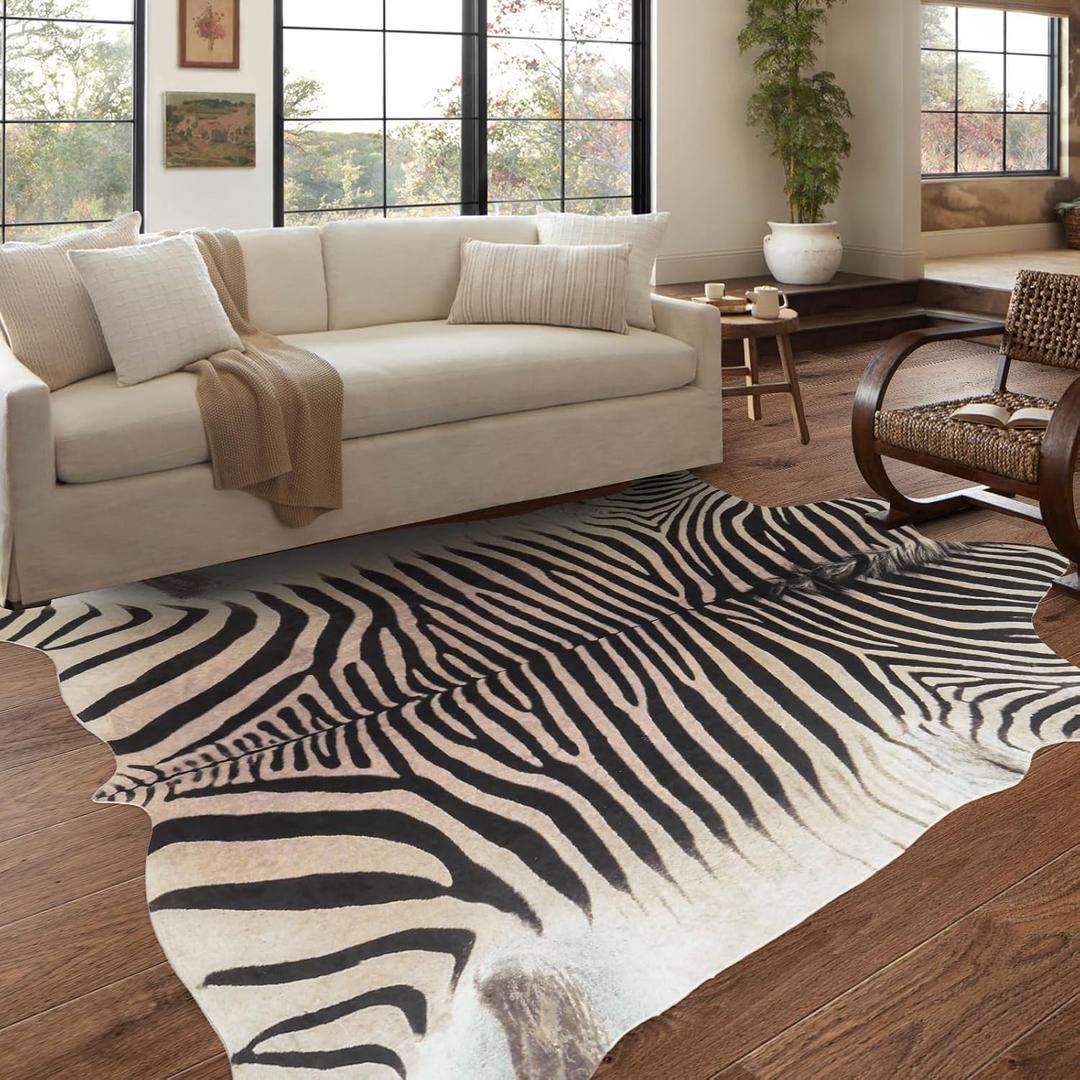 Zebra Rug 4.6x5.2 ft Area Rugs Beige and Brown Rug Funky Area Rugs for Bedroom Living Room Dining Room Kitchen Bathroom Animal Rug Non-Slip-No Fur