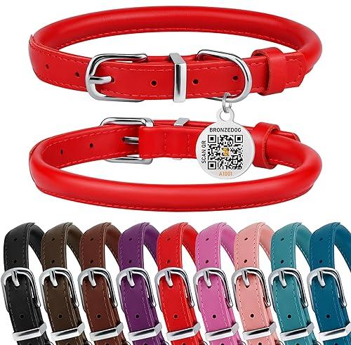 BRONZEDOG Rolled Leather Dog Collar for Small Medium Large Dogs with QR ID Tag (S: 12-14 Inch, Scarlet Red)