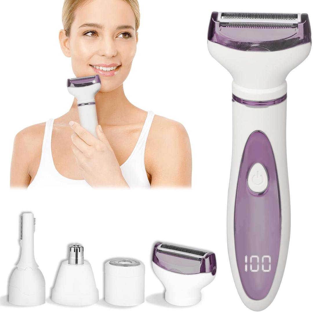 Electric Razor for Women Men,4 in 1 Painless Ladies Wet & Dry Body Razors and Facial Hair Remover,Rechargeable Led Display Hair Removal Kit for Nose Face Body Leg Bikini Hair (Light Purple)
