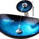 Oval Blue Glass Vessel Sink 22x14 Inch with Waterfall Faucet and Pop-Up Drain Tempered Glass Basin Top Mount Bathroom Sinks Boat Shape Design Bowl for Apartment Bathrooms Vanities