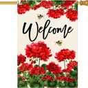 Baccessor Spring Summer Geranium Welcome House Flag Double Sided Summer Bee Red Floral Burlap Yard Flag House Seasonal Farmhouse Outside Outdoor Decoration 28 x 40 Inchlarge