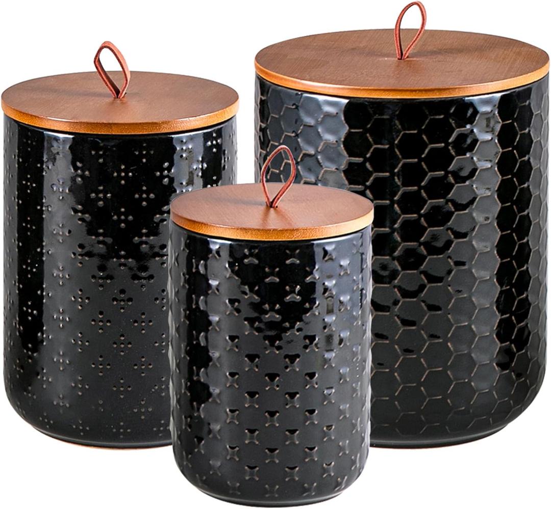 JOJUNO Black Ceramic Canister Set with Wooden Lids 3-Piece Airtight Food Storage Jars for Kitchen, Embossed Design, Small/Medium/Large Sizes (30/48/82 oz) Flour, Sugar, Coffee, Tea Containers