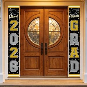 3 x 2026 Graduation Decorations,Congrats Grad Banner Backdrop for Class of 2026 Decorations- Black and Gold Graduation Party Decorations