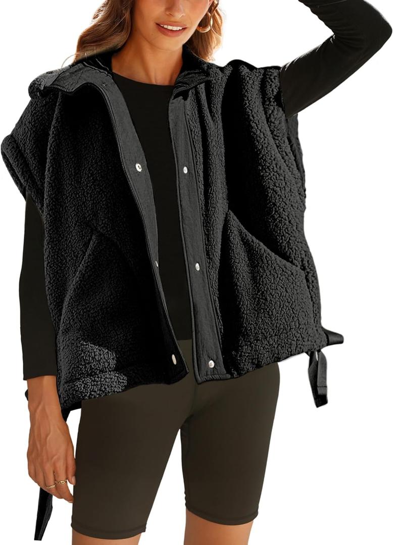 OPCAKM Women's Fuzzy Fleece Vest Oversized Sleeveless Sherpa Jacket Warm Button Down Gilet Outerwear with Pockets (S, Black)