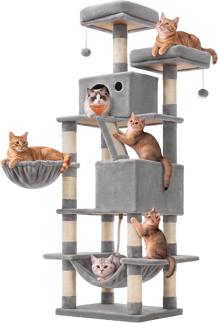 Feandrea Cat Tree, 66.1-Inch Large Cat Tower, Multi-Level Condo, Light Gray
