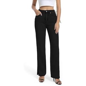 Guaile Womens Jeans High Waisted Stretchy Straight Leg Split Hem Jeans for Women Trendy Classic Denim, Size 14