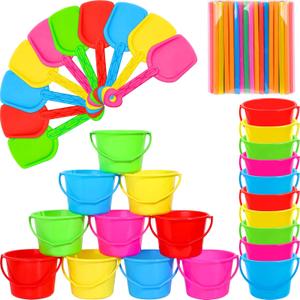 Sand Buckets and Shovels Set for Kids - Plastic Bucket Beach Pail with 100 Straws for Summer Holiday Party Favors(20 Sets)