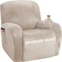 ZNSAYOTX Stretch Velvet Recliner Cover 4-Pieces, Thick Soft Recliner Chair Slipcover with Pocket, Non-Slip Elastic Bottom for Kids Pets, Luxury Plush Reclining Protector Comfy Washable (Khaki)