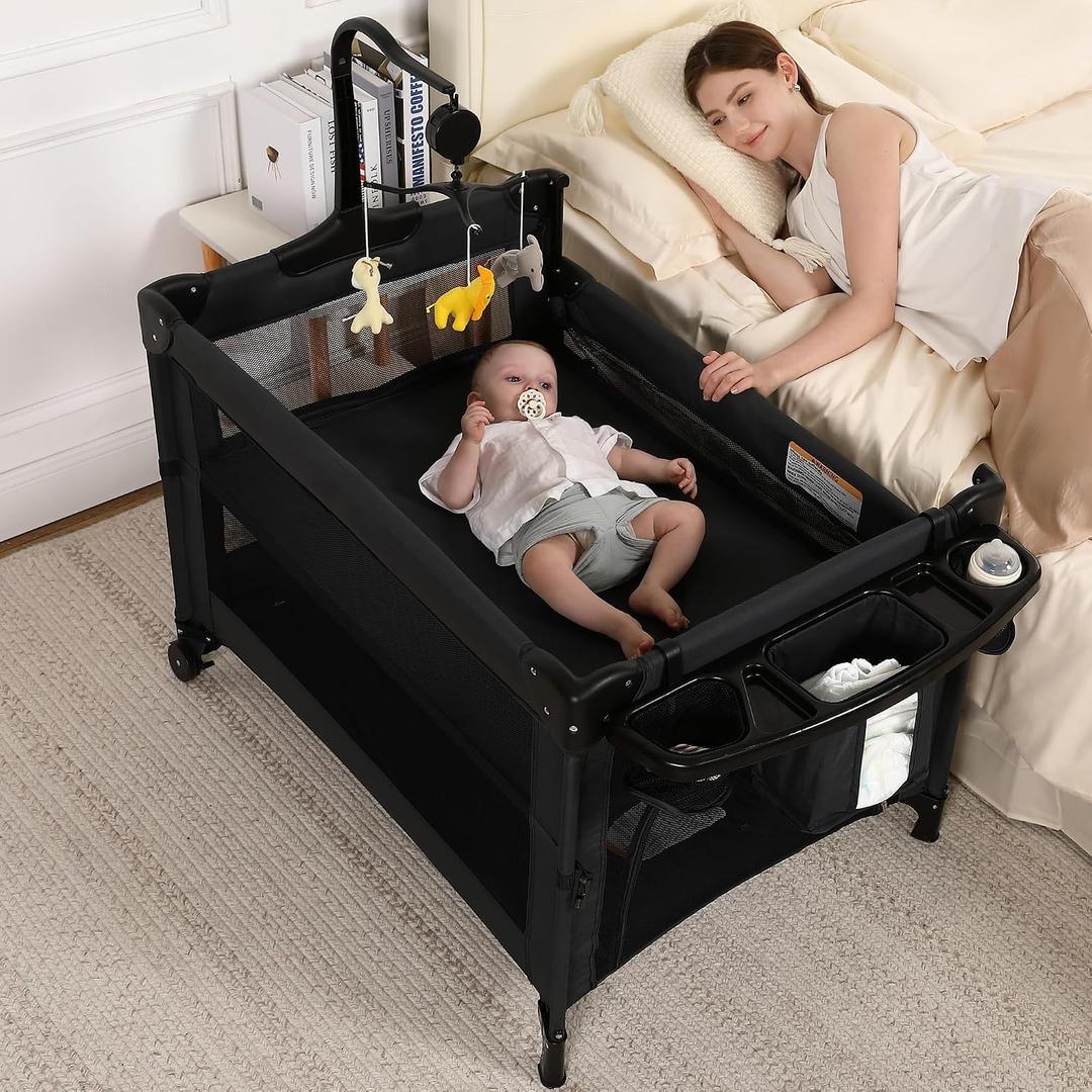 Pack and Play, 4 in 1 Baby Playard Portable Crib, Bassinet, Bedside Sleeper, Changing Table & Playpen | Breathable Mesh | Safe & Foldable for Newborns to Toddlers (Black)