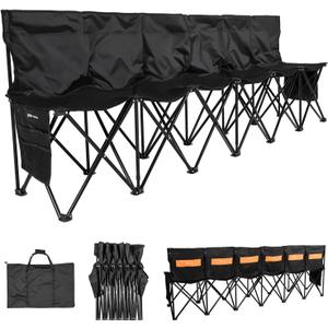 VEVOR Portable Folding Bench, 6 Seat Soccer Bench with Multiple Storage Pockets & Carrying Bag, Lightweight Sideline Seating with Back Rest for Football, Baseball, Camping, Outdoor Events, Black