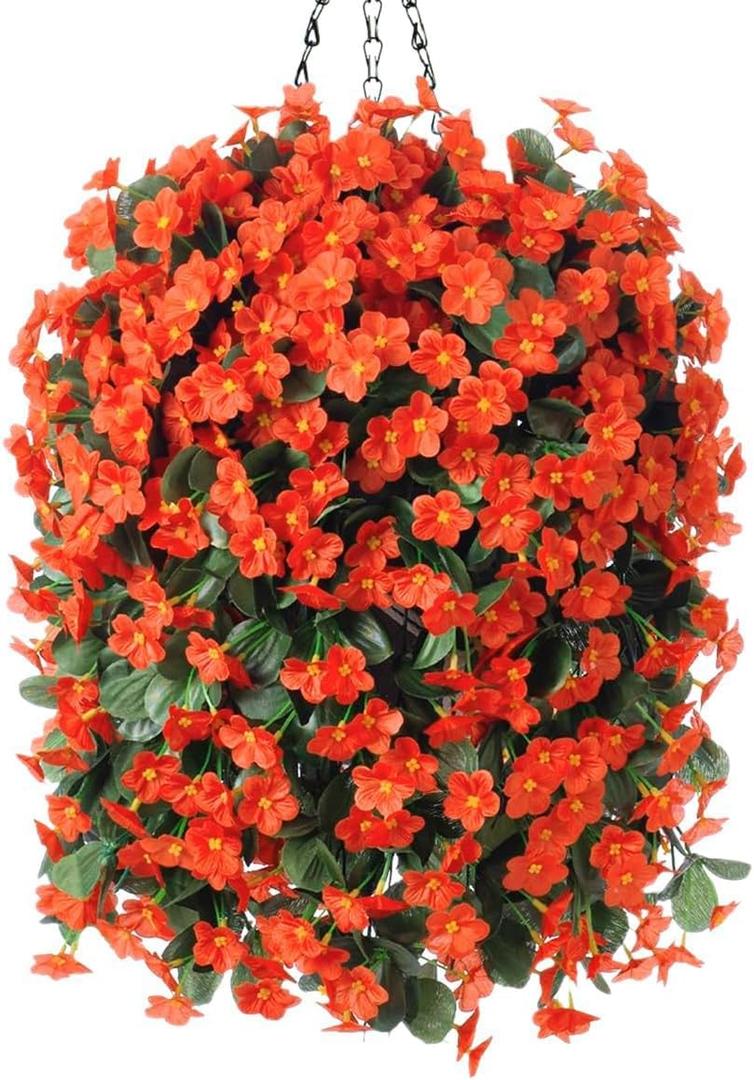 Artificial Fake Fall Hanging Flowers Plants Baskets for Outdoor Outside, Faux Silk Autumn Orange Daisy Mums Trailing Vines in Planter Realistic UV Resistant for Balcony Porch Decor