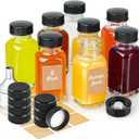 Syntic Clear Reusable Ginger Shot Bottles with Caps - 8 Pack 2 oz Small Square Glass Jars with 8 Sealed Conical Inner Caps & 8 Airtight Lids, Wide Mouth Juice bottles for Fridge, Extra Sticker, Funnel