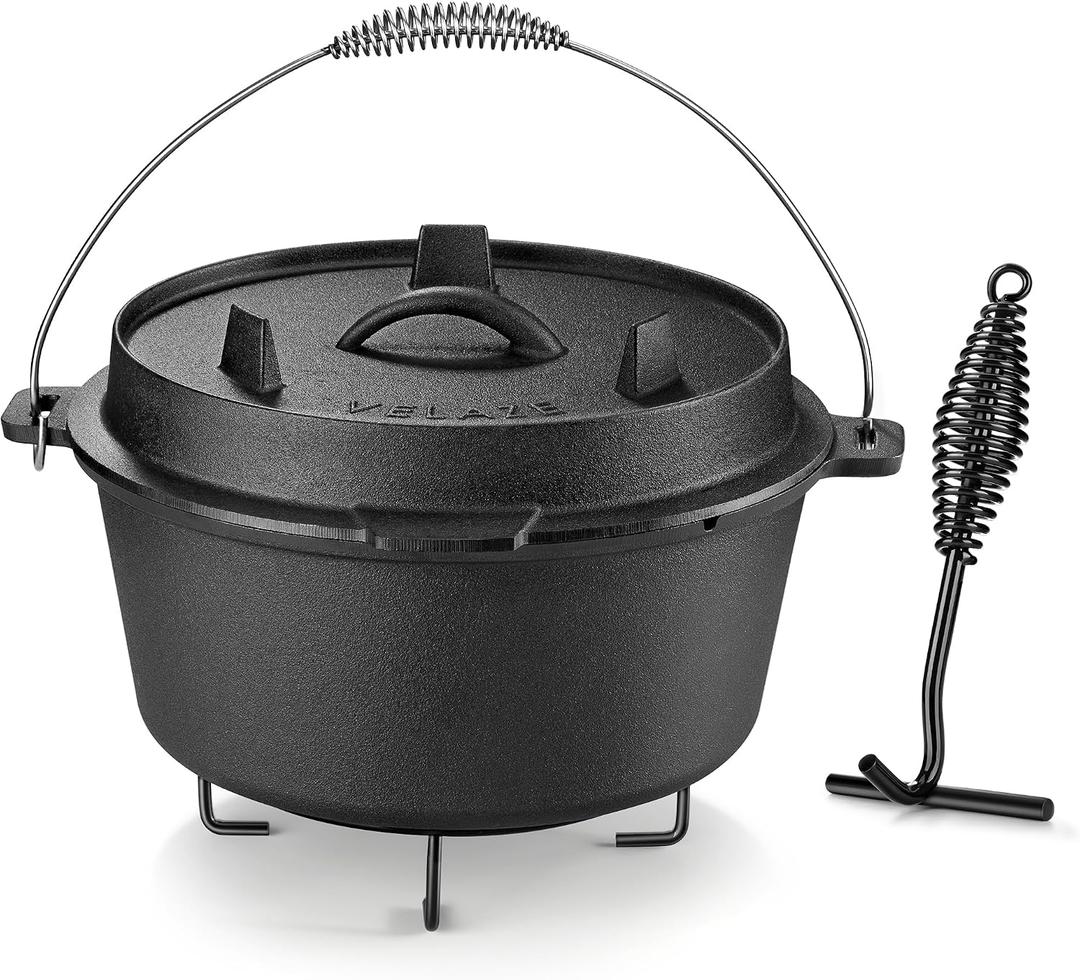 Velaze 10QT Camping Dutch Oven, Pre-Seasoned Cast Iron Camp Dutch Oven Pot with Lid, for Use in the Oven, on the Stove, Grill, or over the Campfire - Metal Handle, Lid Lifter, and Stand Support