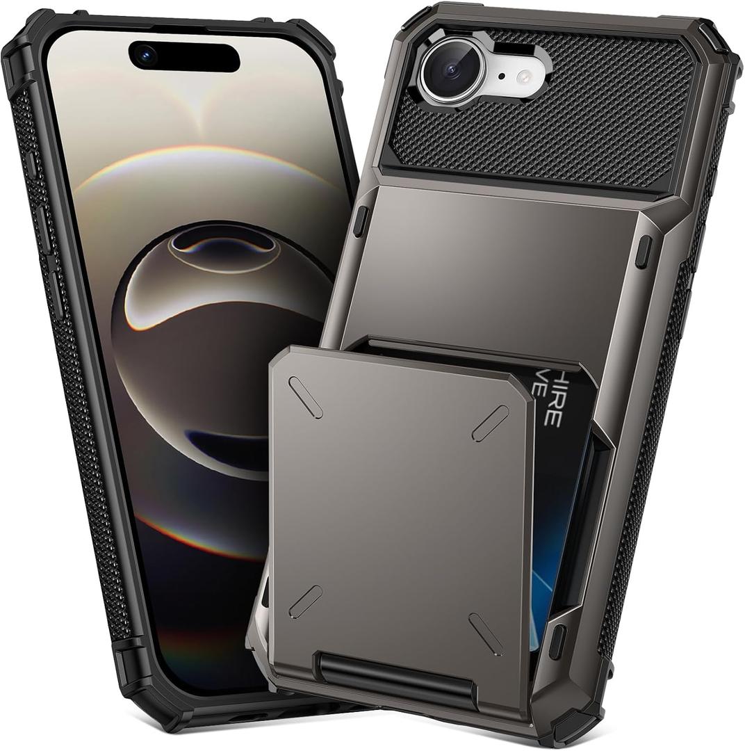 TOPAUX for iPhone 17e 16e Wallet Case Hold 1 to 5 Credit Card Holder Flip Cover ID Slot Back Pocket Compartment Dual Layer Shockproof TPU Bumper Anti-Scratch Protective Hard Shell Gunmetal