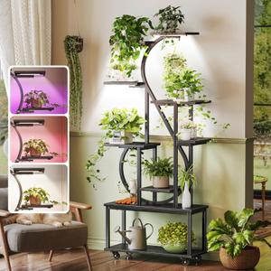 PRAISUN 65 Inch Plant Stand with Grow Light, 9 Tiered Indoor Plant Shelf with Larger Flower Holder, Music Note-shaped Stand with Top Ring Hook , Corner Plant Rack for Living Room, Black