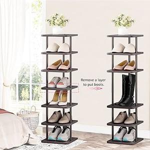 SORCEDAS 7 Tiers Vertical Shoe Rack Wooden Shoe Storage Organizer for Space Saving Narrow Shoe Shelf Storage 7 Pairs for Entryway Living Room Bedroom(Bronze + Rustic Dark Brown)