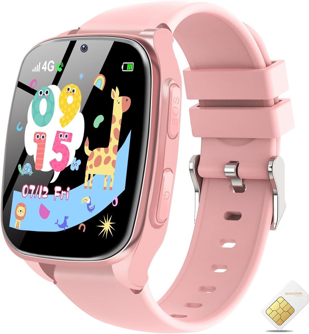 4G Kids Smart Watch GPS Tracker, Smartwatch for Kid with Video Calling, Voice Chat, Class Mode, SOS , Pedometer, Alarm, Games, SIM Card HD Touch Screen Phone Watch Gift for 412 Girls Boys, Pink