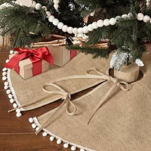 Syhood 36 Inch Christmas Tree Skirt Khaki Christmas Linen Burlap Tree Skirt Base Cover with Pom Trim for Xmas Winter Home Decorations Holiday Family Party All Year
