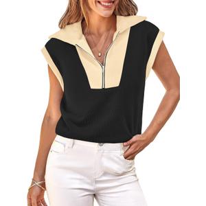 Fisoew Womens Half Zip Sweatshirts Short Sleeve Color Block Lapel V Neck Loose Summer Pullover Tops (Large, Black)
