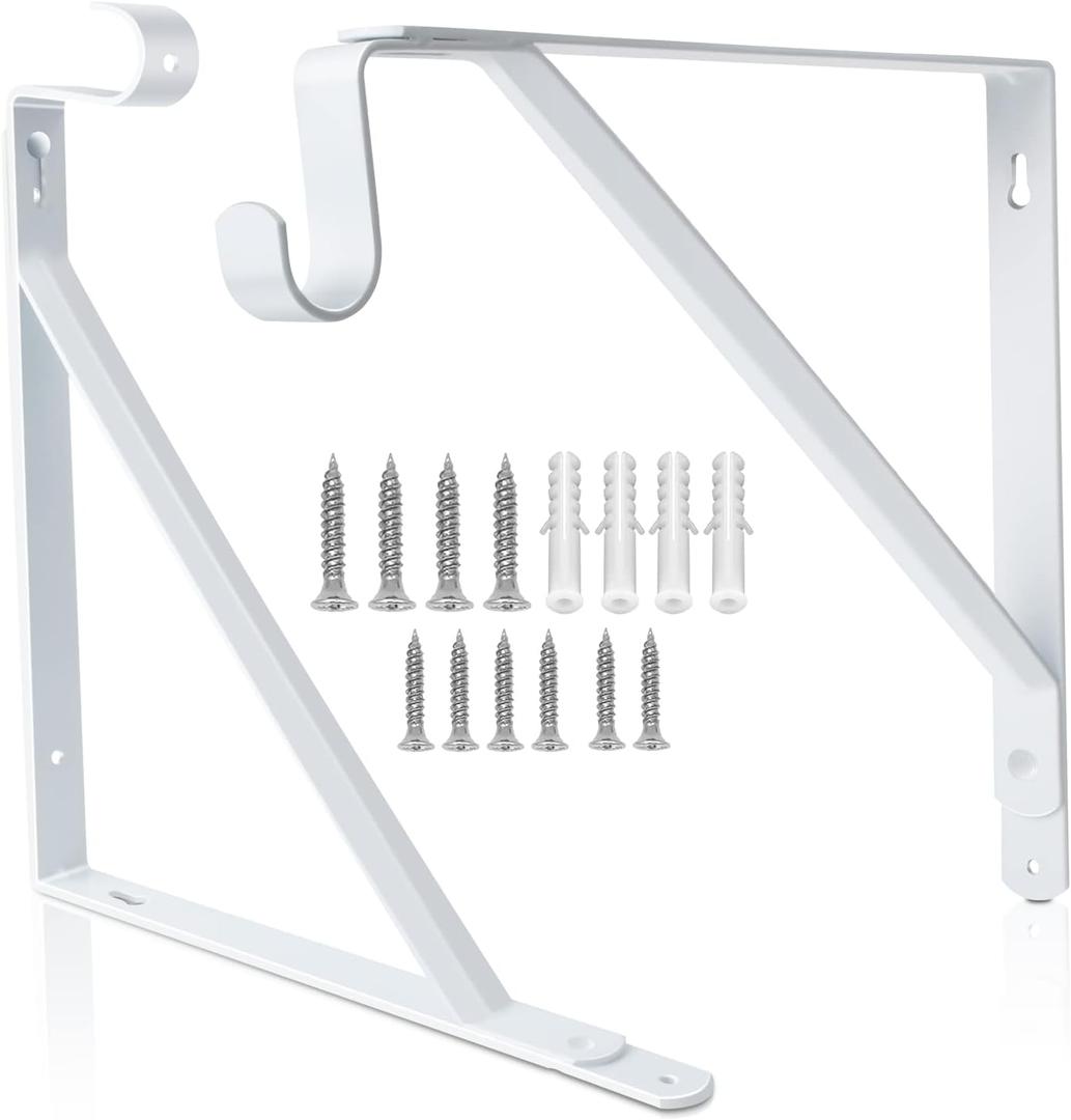Closet Rod Bracket, Heavy Duty Shelf Bracket with Rod Holder, 10.9X 10.2 inch White Closet Rod Support Wall Mounted Clothes Hanger Pole Support Hooks, 2 Pack