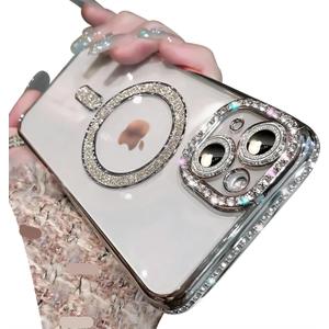 Magnetic Glitter Diamond for iPhone 15 Pro Max Case[Compatible with MagSafe]Sparkle Rhinestone Camera Lens Protector Plated,Crtstal Clear Slim Military Drop Shockproof Cover for Women,Silver