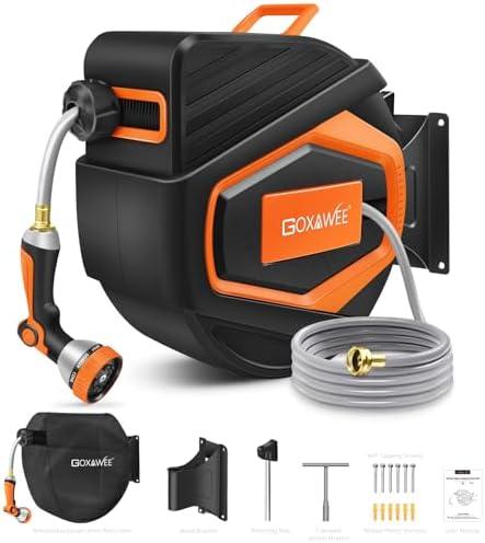 GOXAWEE Retractable Garden Hose Reel, 1/2" x 100 ft Upgraded UV Resistant Water Hose Reel Wall Mounted, Any Length Lock, Automatic Rewind, 180°Swivel Metal Bracket, Orange