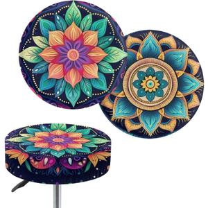Jeiento Bohemian Stool Covers Green Boho Mandala Round Stool Cushion Cover Elastic Bar Stool Seat Covers,Machine Washable,Christmas Decor,12"-14"