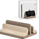 Dual Vertical Laptop Stand, 3 in 1 Upright Desktop Stand Holder with Adjustable Dock (Up to 17.3''), Leather Laptop Rack Storage Desk Organizer for Phone, Tablet, MacBook/HP/Dell/Chrome Book (Apricot)