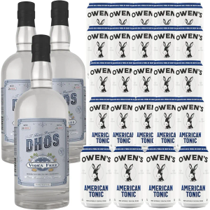Dhōs Handcrafted Non-Alcoholic Vodka 750 ML Bottles w Pack Owen’s Mixers Tonic 8.2 OZ Cans - Keto-Friendly, Zero Sugar, Zero Calories, Zero Proof - Perfect for Mocktails - Made in USA