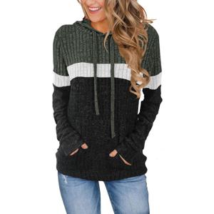MixShe Womens Color Block Knit Hoodie  Casual Long Sleeve Pullover Sweater Tops with Pocket (Small, Green Black)