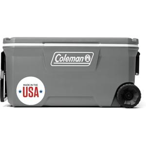 Coleman Classic Series Insulated Portable Wheeled Cooler, Leak-Resistant Outdoor Hard Cooler Keeps Ice up to 5 Days, 100-Quart (Rock Grey)