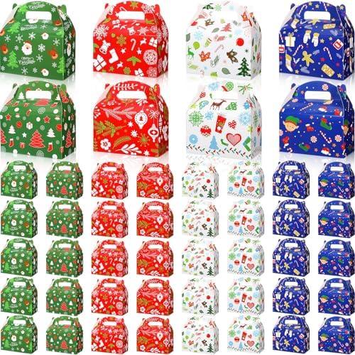 Fulmoon 48 Pcs Christmas Treat Boxes with Handle 3D Christmas Goody Cookie Boxes for Gift Cardboard Goody Gift Wrapping Bag Xmas Party Favor for Holidays Party Supplies, 8 Style