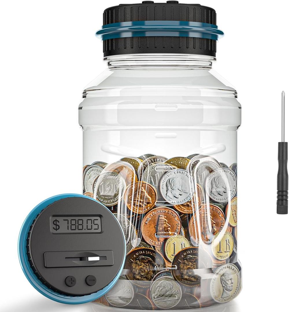 Lefree Big Piggy Bank, Digital Counting Coin Bank,Money Saving Jar,Gift,Powered by 2AAA Battery (Not Included) (1.8L, Clear)
